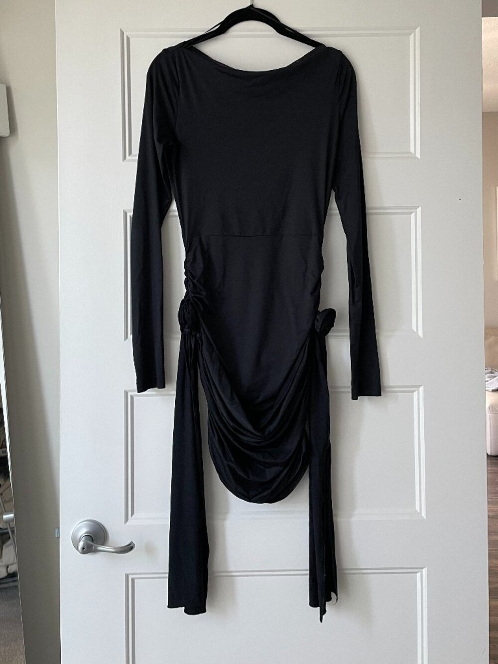 LIONESS ROSETTE RUCHED MINI DRESS, ONYX, SIZE SMALL - Picture 4 of 7